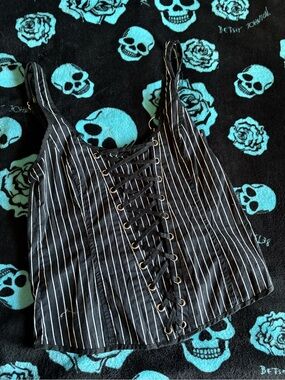 Hot Topic Black & White Pinstripe Lace-Up Corset Camisole Top